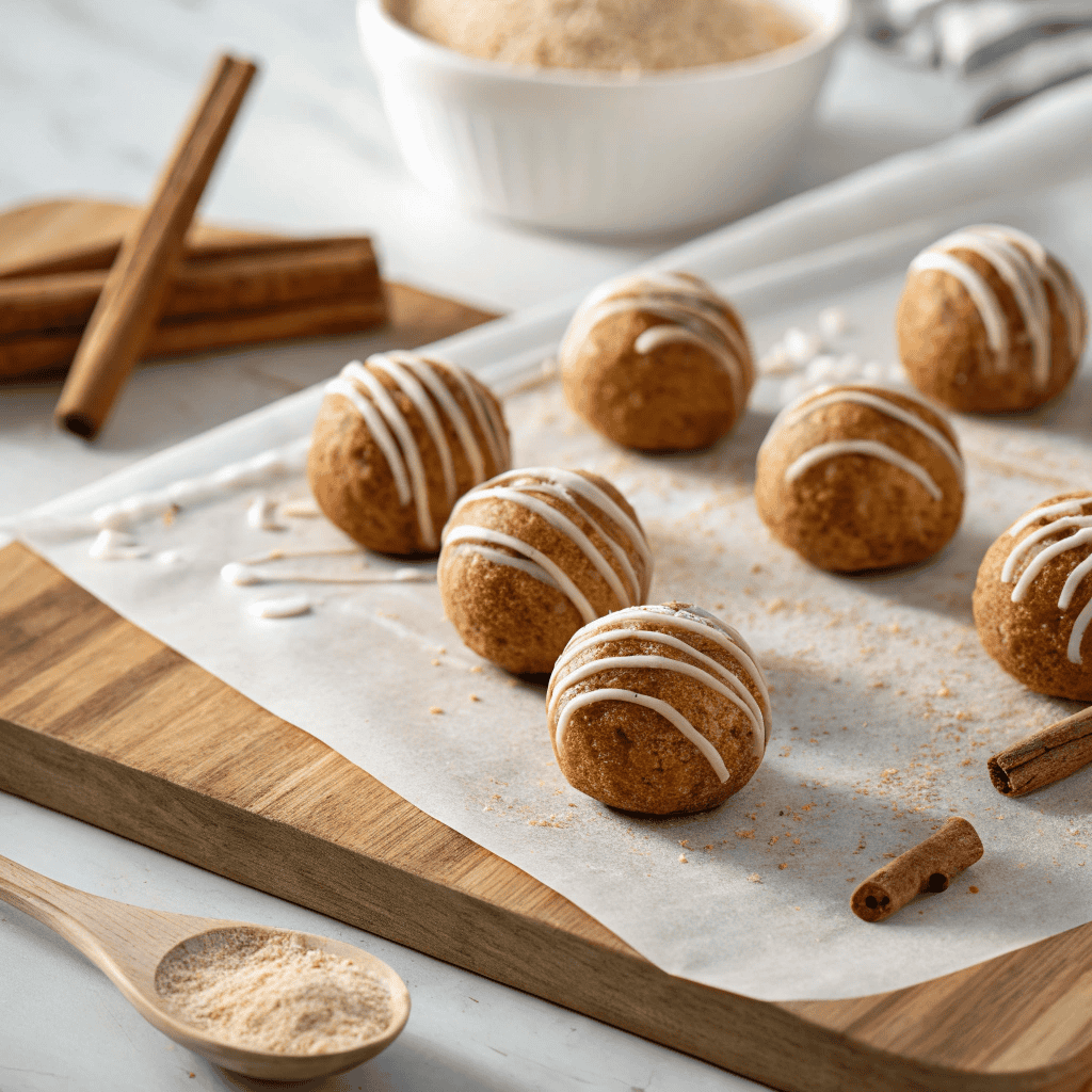 Cinnamon roll energy bites drizzled with white icing on parchment paper