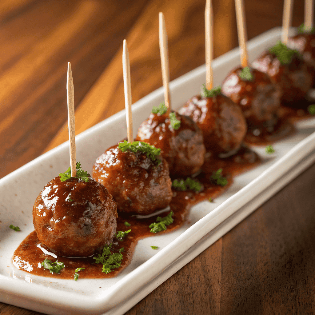 Cocktail meatballs glazed in rich sauce with parsley and wooden skewers on a white platter