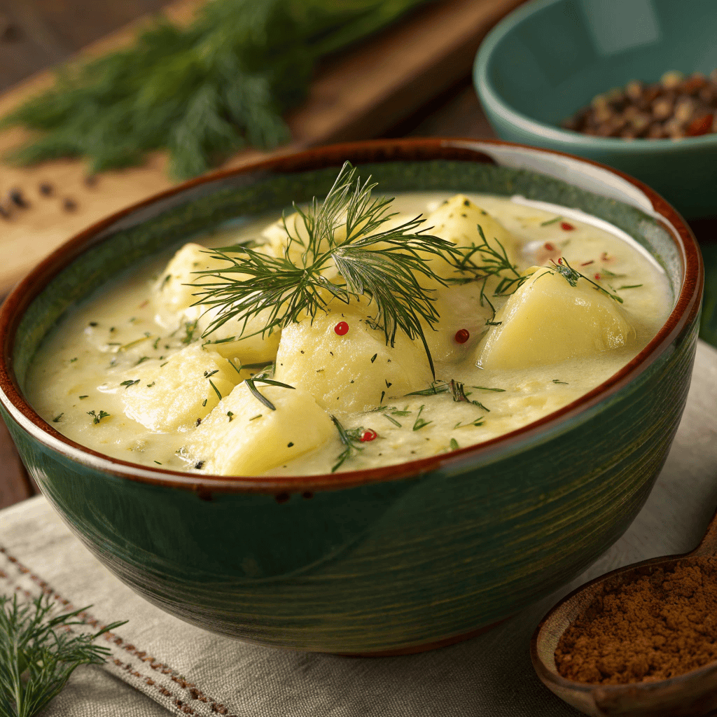 Creamy chunky potato soup with fresh dill and spices in a rustic bowl
