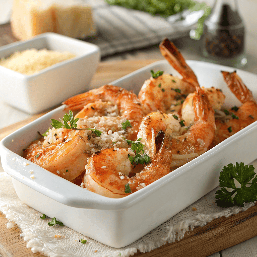 Garlic parmesan roasted shrimp with golden crust and parsley served in a white dish