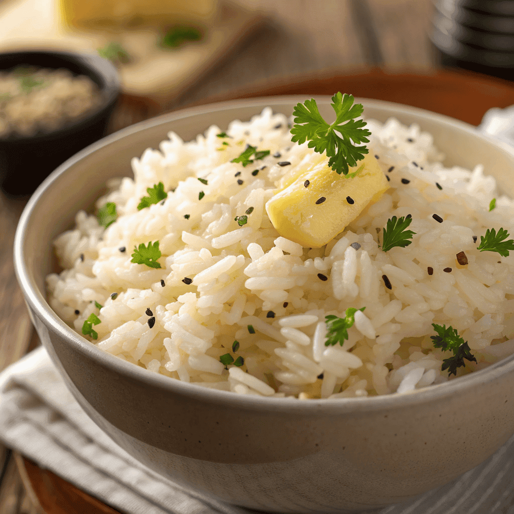 Garlic Butter Rice Recipe | Fluffy, Buttery, Easy Side Dish 4 Fluffy garlic butter rice with parsley and separated glossy grains