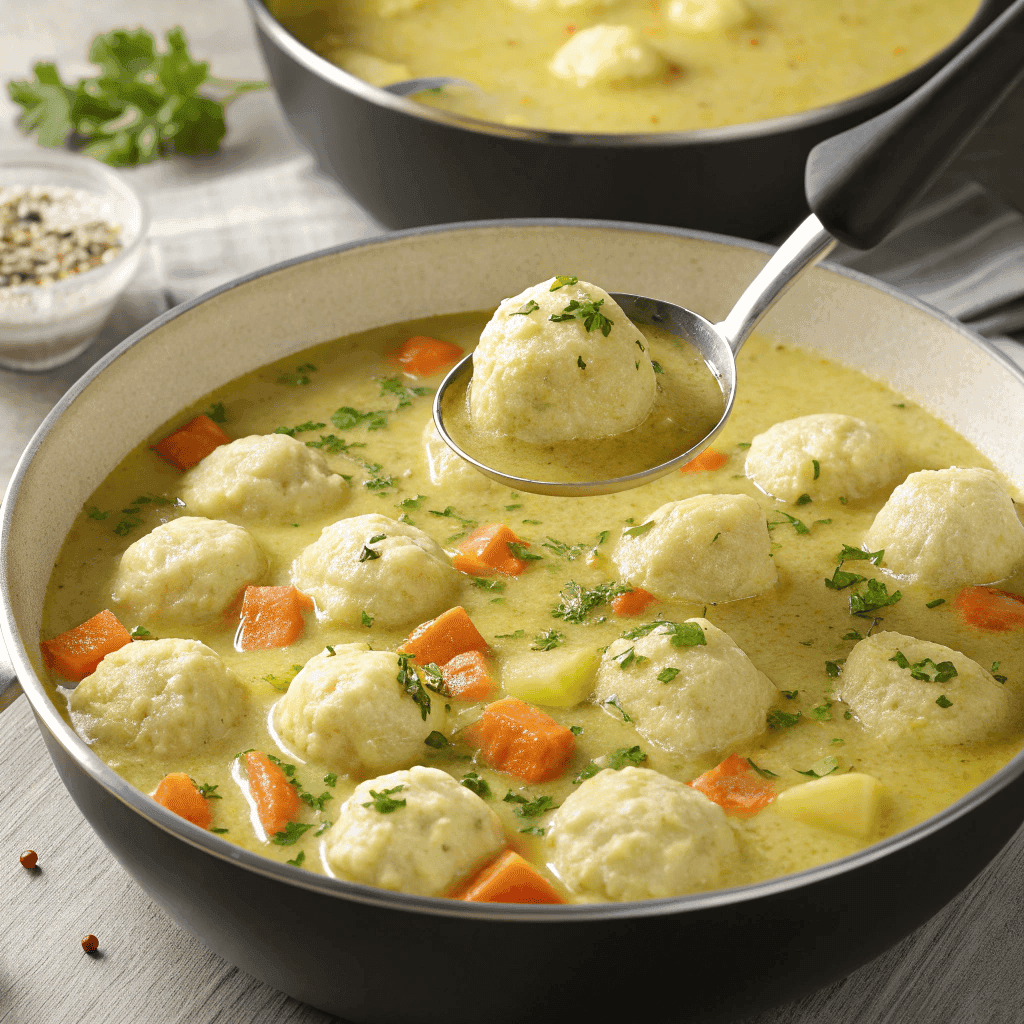 Creamy knoephla soup with dumplings, potatoes, and carrots in a pot