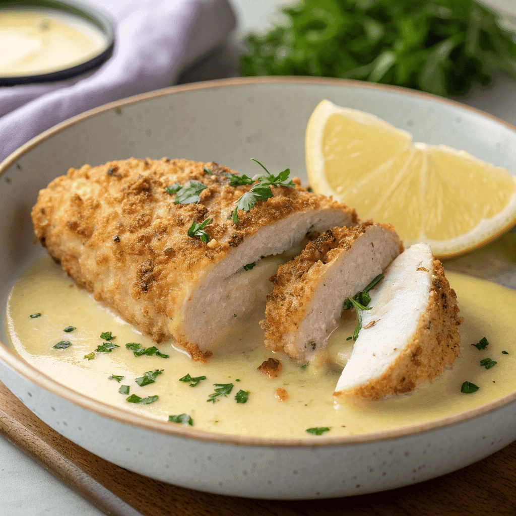 Lemon pecorino crusted chicken with crispy golden coating and creamy lemon sauce, sliced to show juicy interior