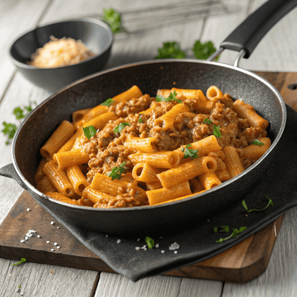 Makkaroni alla mamma cooked in a black pan with creamy meat sauce and parsley garnish