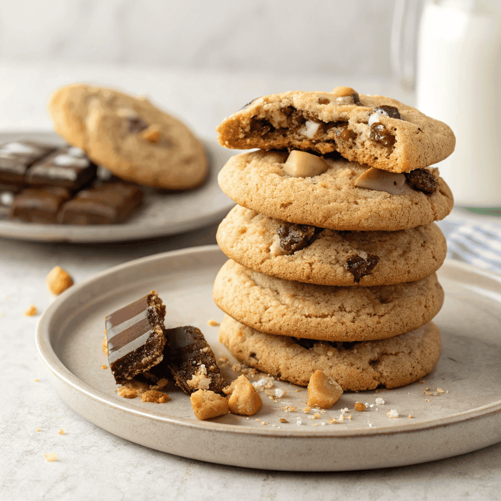 Stacked Neiman Marcus cookies with a bitten cookie showing melted chocolate chunks and soft chewy interior