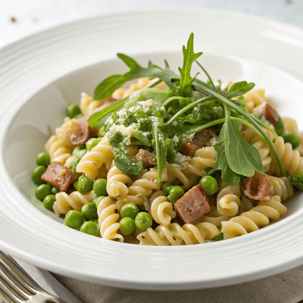 Creamy pasta with peas and crispy pancetta topped with fresh arugula