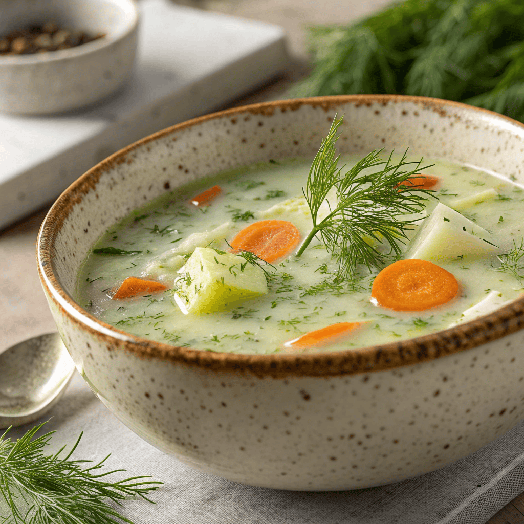 Creamy Polish dill soup with potatoes, carrots, and fresh herbs