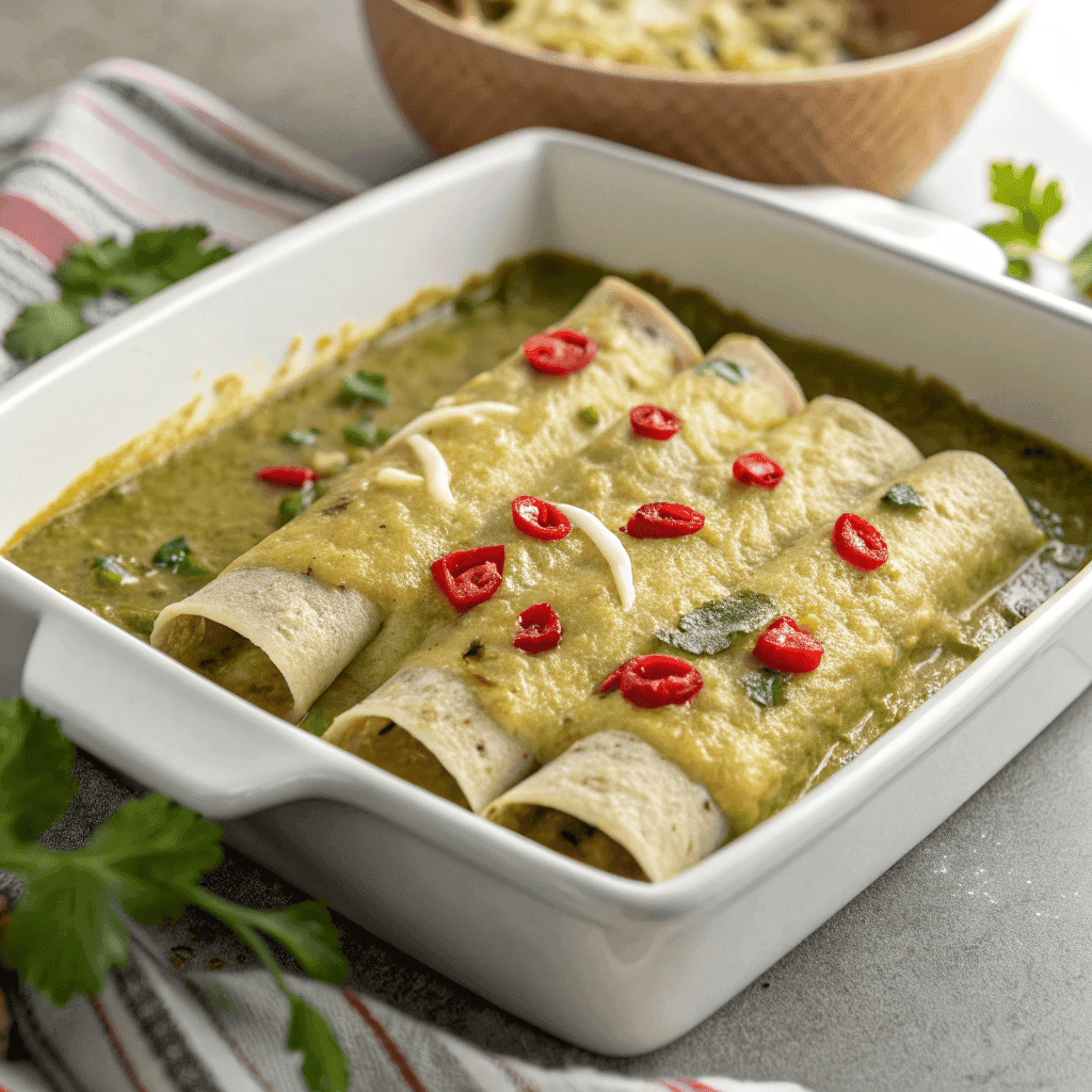 Plant-Based Potato Green Chili Enchiladas – Vegan Comfort Food 4 Plant-based potato green chili enchiladas baked in a white dish with green sauce, vegan cheese, radishes, and cilantro
