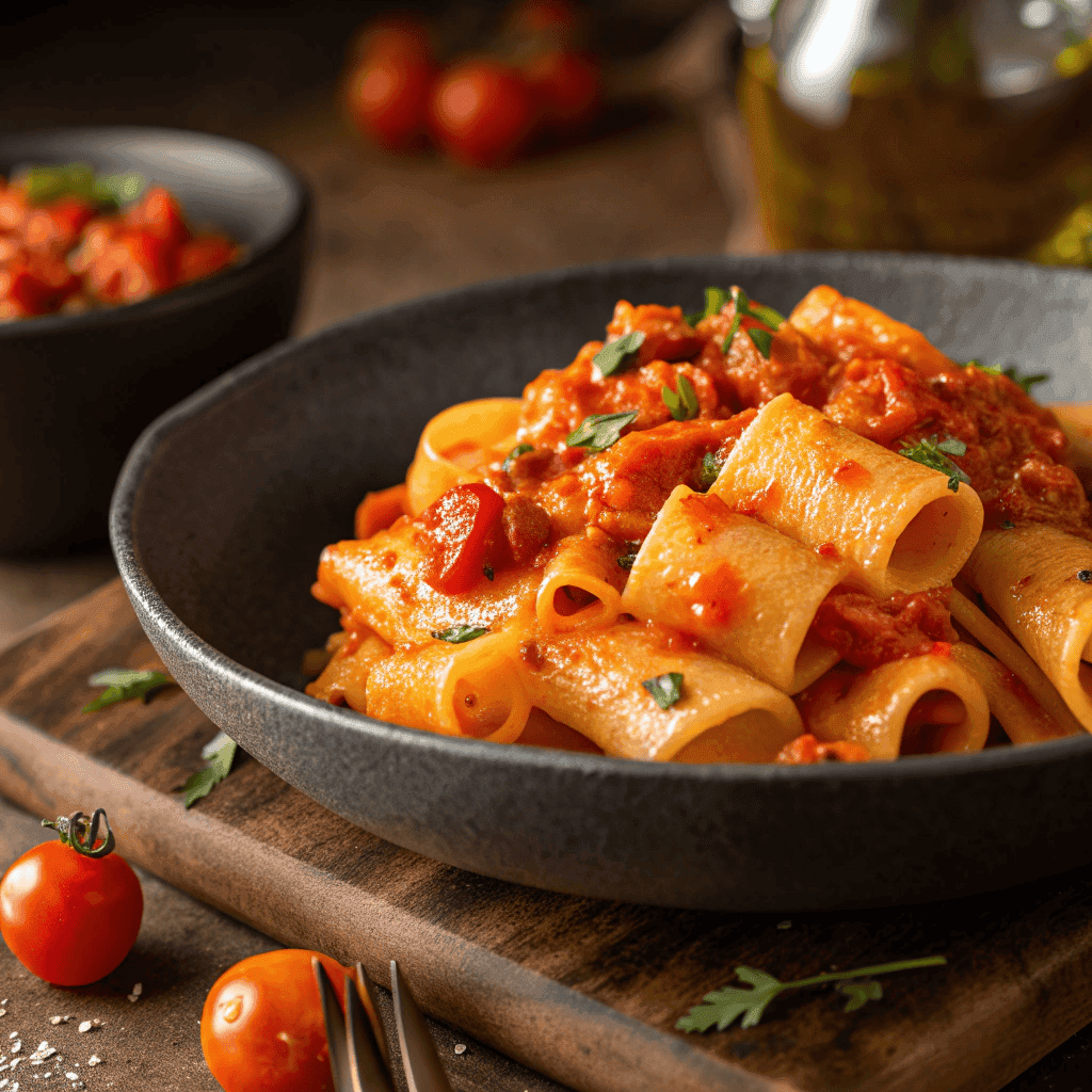 Full pan of Sicilian pasta with rich tomato sauce and cherry tomatoes