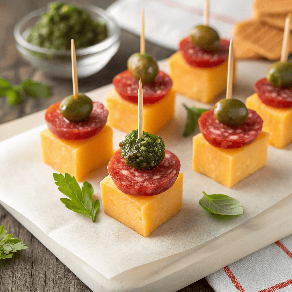 Salami cheese appetizer bites with pesto and olive on toothpick