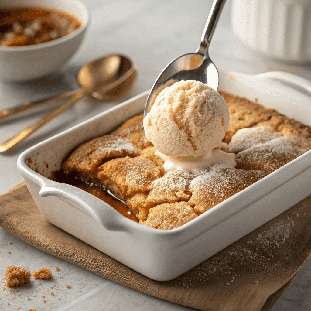 Snickerdoodle cobbler with cinnamon sugar topping and melting vanilla ice cream being scooped from a baking dish