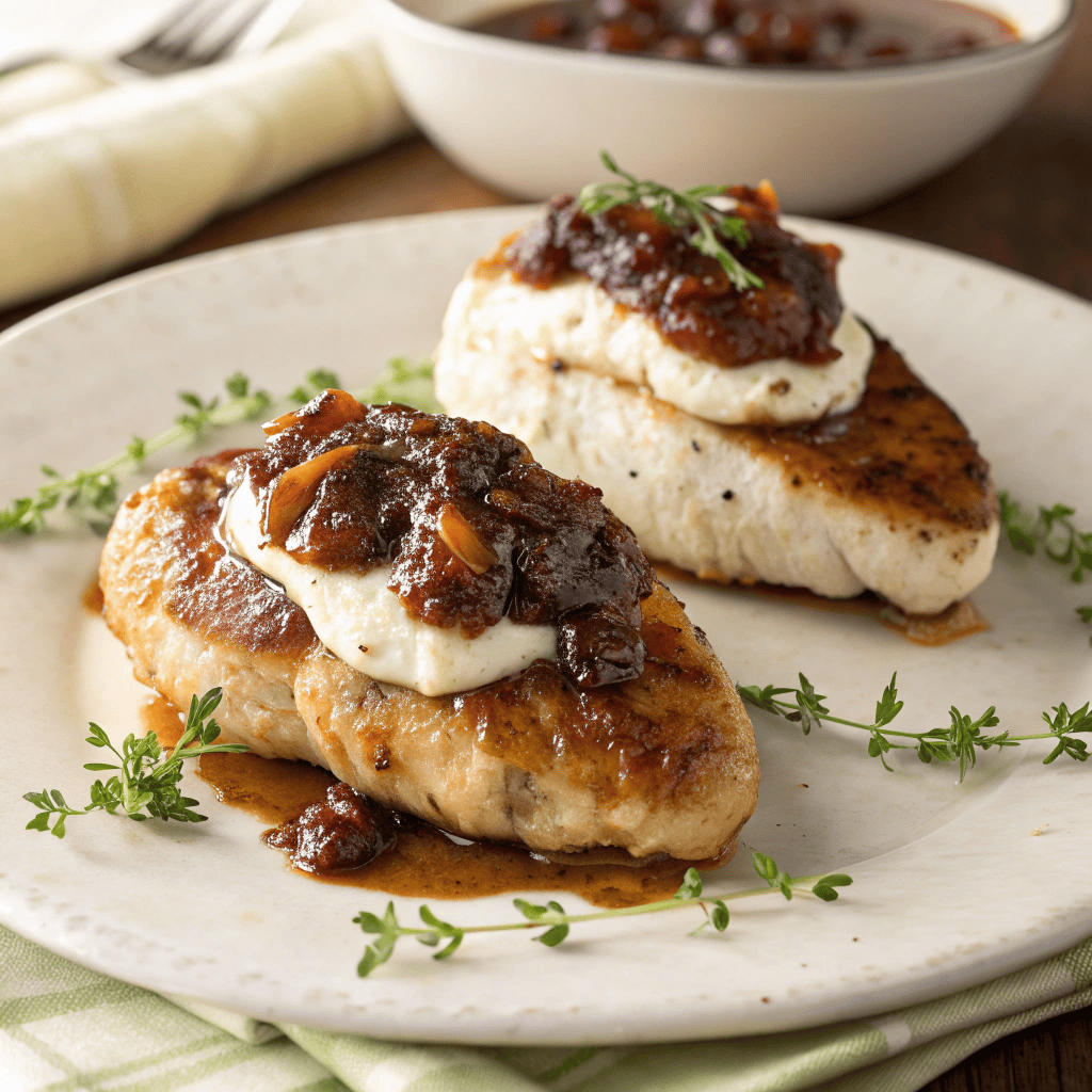Slow cooker fig jam and goat cheese chicken with glossy sauce and fresh thyme on a white plate