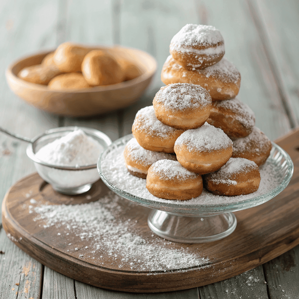 Whole plate of vanilla French beignets stacked and dusted with powdered sugar