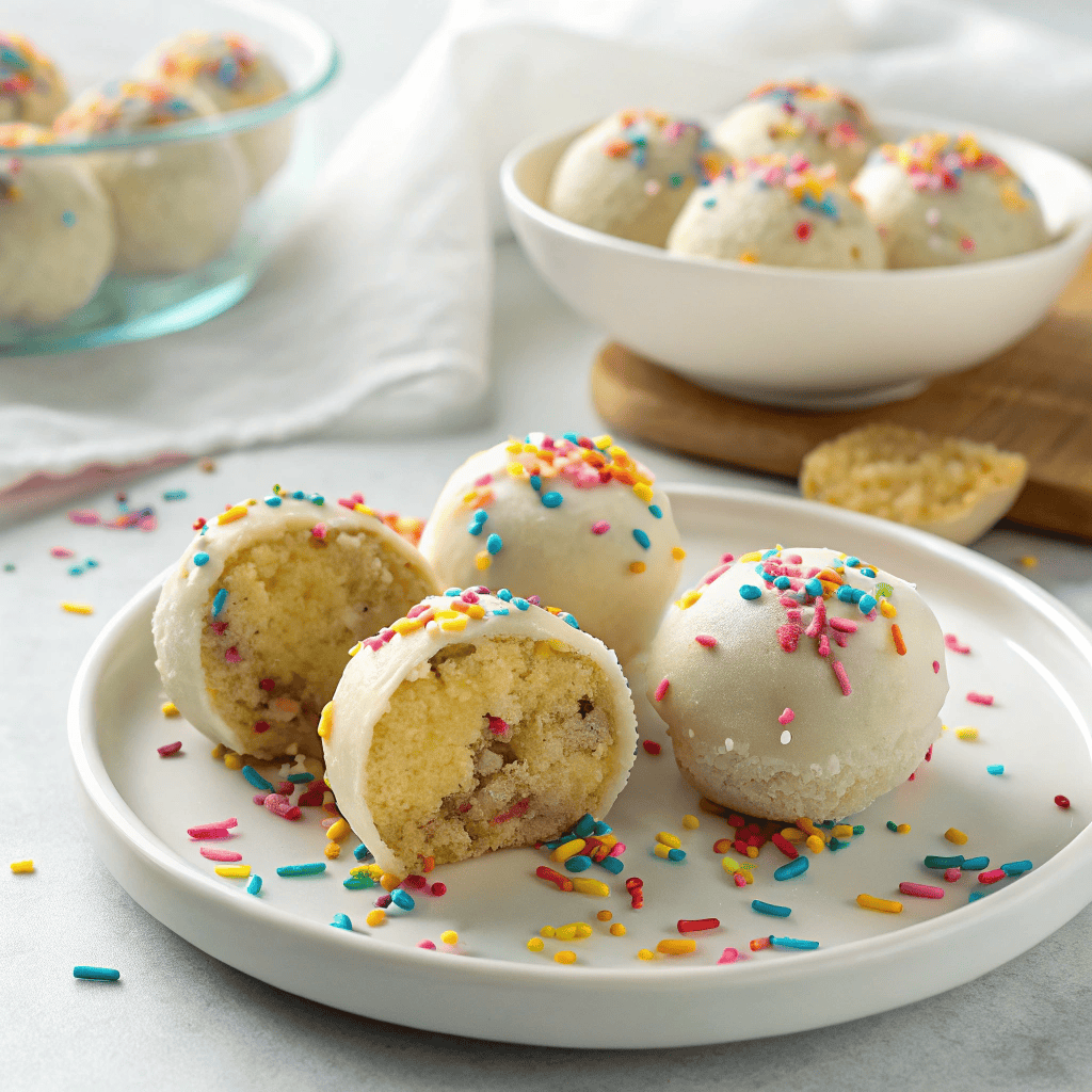 Whole plate of birthday cake protein balls with glaze and rainbow sprinkles