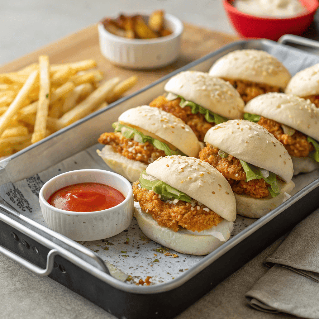 Chicken buns served on a white plate with crispy chicken, lettuce, and sauces