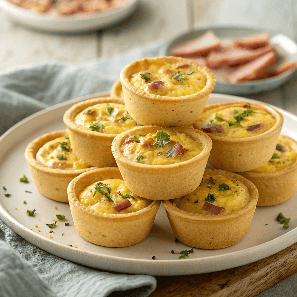 Whole plate of mini quiches stacked together for brunch or breakfast