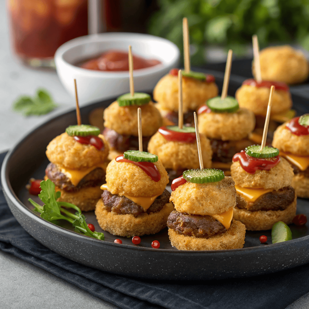 Whole platter of tater tot mini cheeseburger bites with skewers and pickles