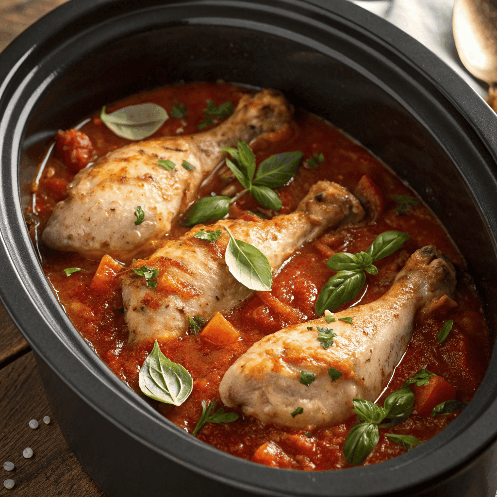 Full crockpot of chicken cacciatore with tomato sauce, vegetables, and basil garnish