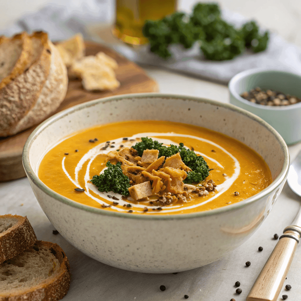 Whole bowl of glowing skin soup with creamy texture and healthy toppings