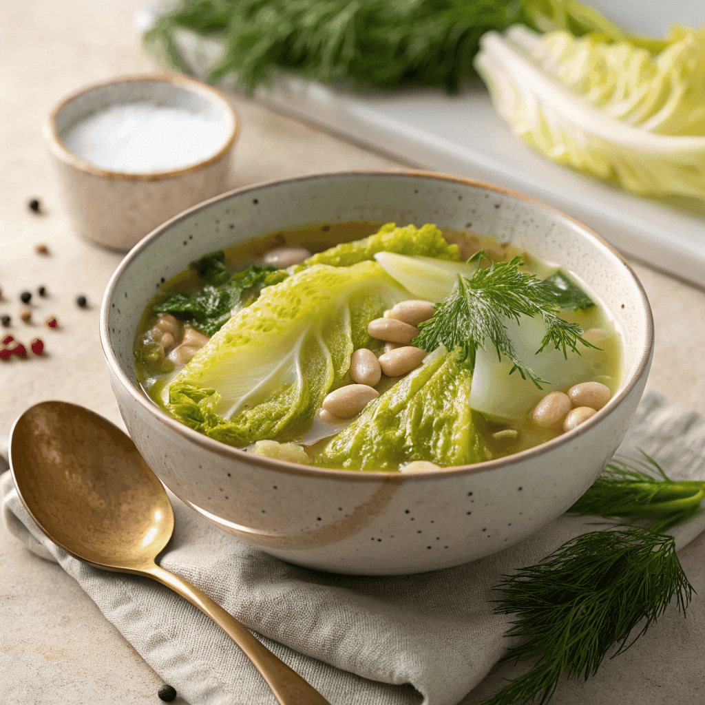 Whole bowl of lemon dill cabbage soup with savoy cabbage and white beans