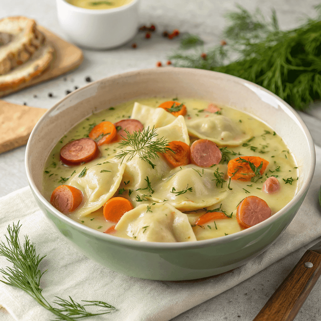 Whole bowl of pierogi dill soup with dumplings, sausage, and herbs