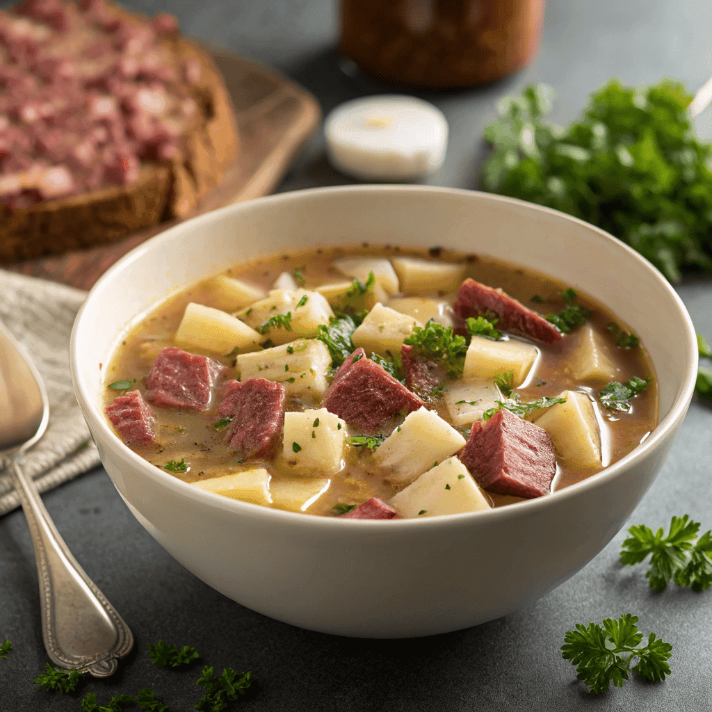 Whole bowl of Reuben soup with corned beef, potatoes, and parsley garnish