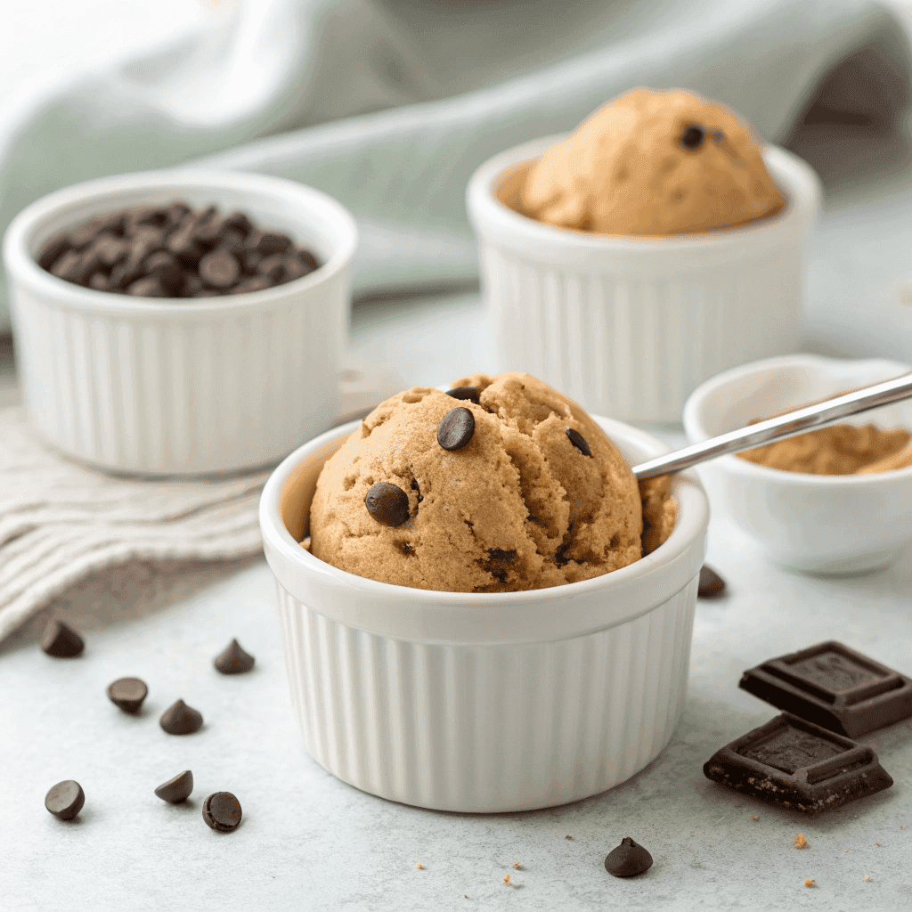 Whole serving of protein cookie dough with chocolate chips in a white cup