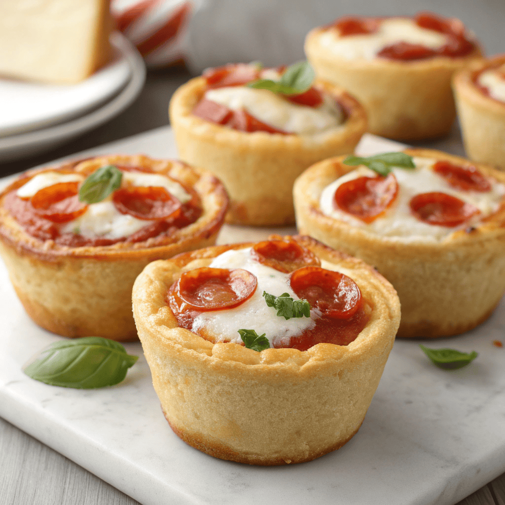 Multiple mini deep dish crescent roll pizzas with pepperoni, melted cheese, and basil arranged together