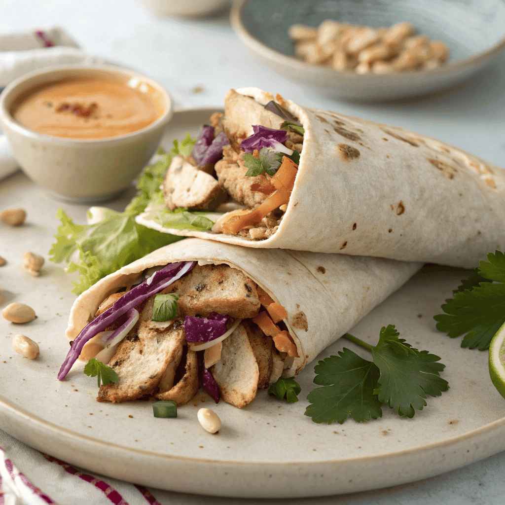 Macro close-up of Thai chicken wrap showing juicy grilled chicken, vegetables, and peanut sauce texture.