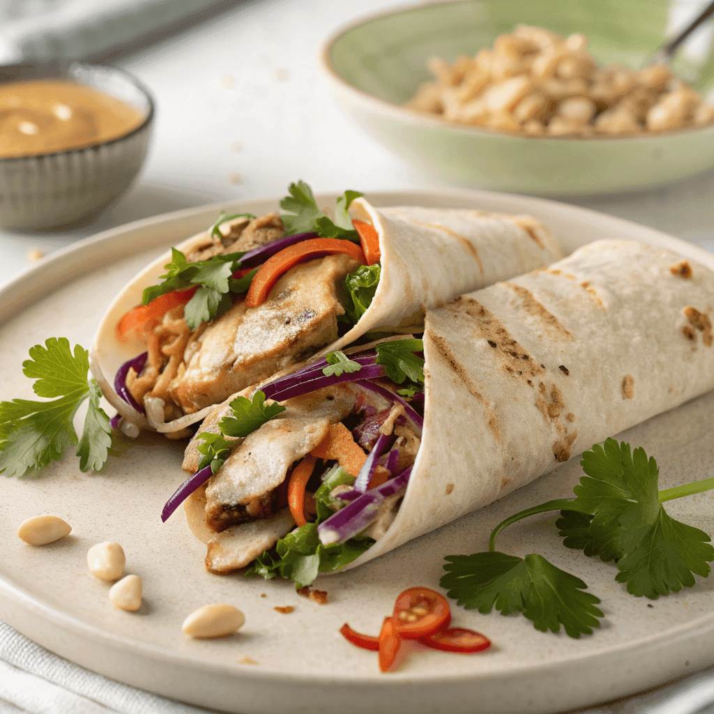 Whole Thai chicken wrap dish showing grilled chicken, fresh vegetables, and peanut sauce.