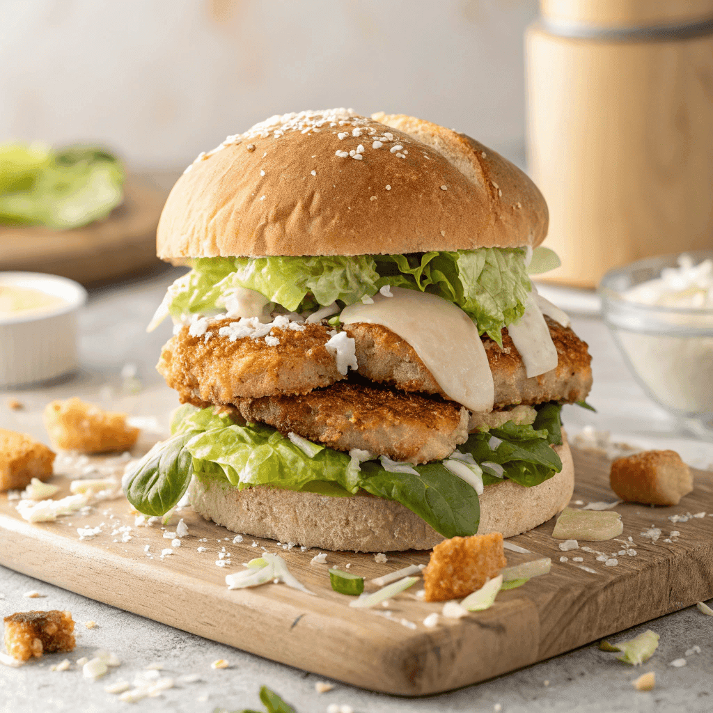 Whole chicken caesar salad sandwich with crispy chicken, romaine, parmesan, and creamy dressing.