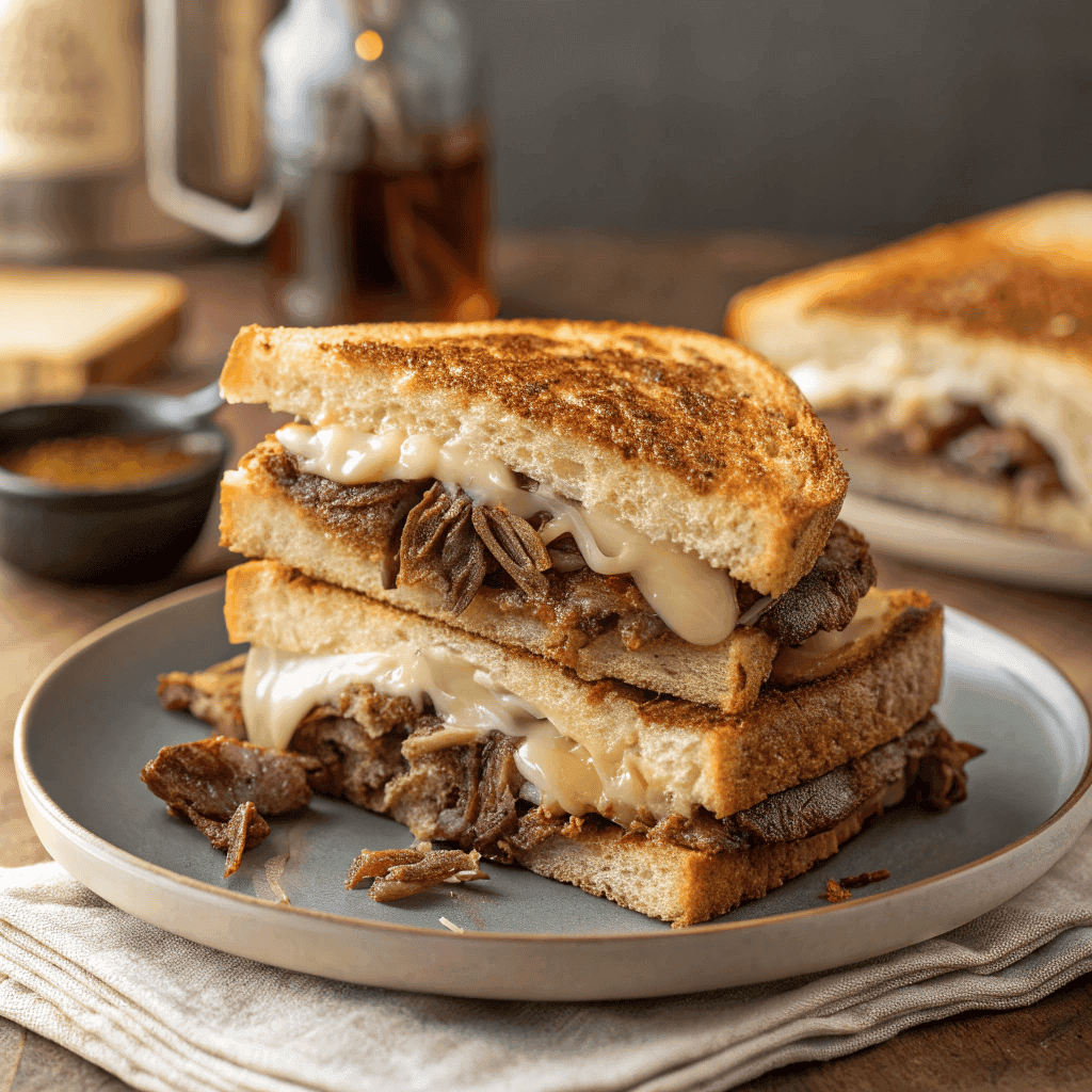 Whole French dip grilled cheese sandwich with golden bread, beef, onions, and melted cheese.