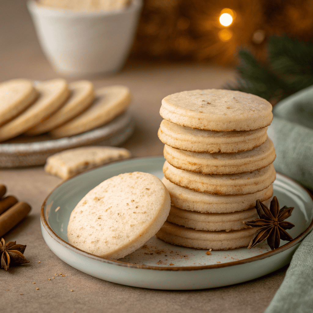 Whole plate of vanilla chai shortbread cookies stacked with smooth surfaces and golden edges.