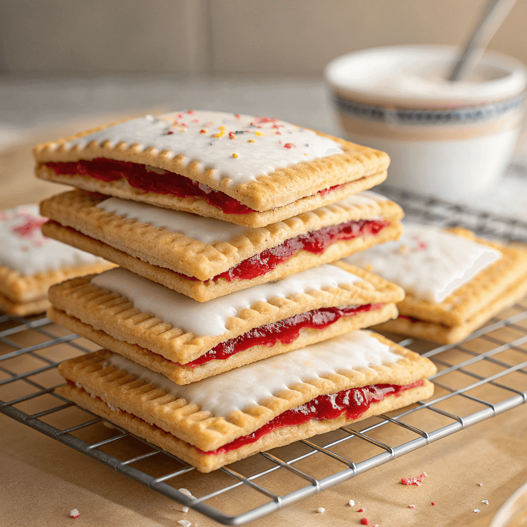 Whole serving of protein-packed homemade pop tarts with icing and berry filling.