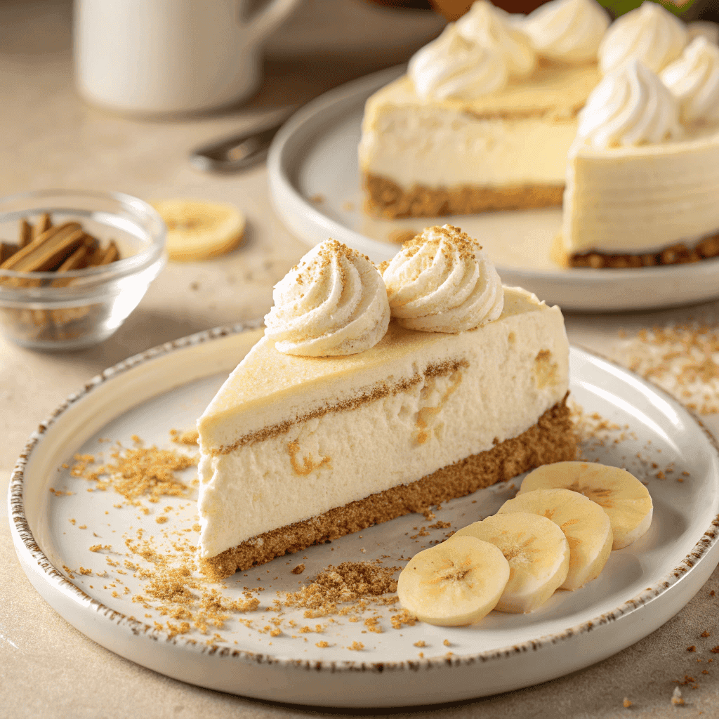 Whole banana cream cheesecake slice with creamy layers and graham crust.