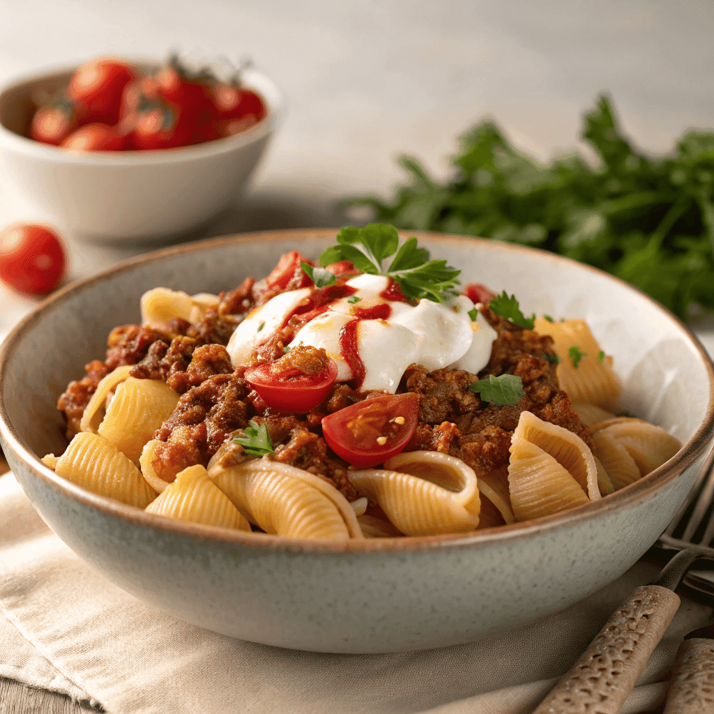 Whole bowl of Turkish pasta with yogurt, meat sauce, tomatoes, and spiced butter.