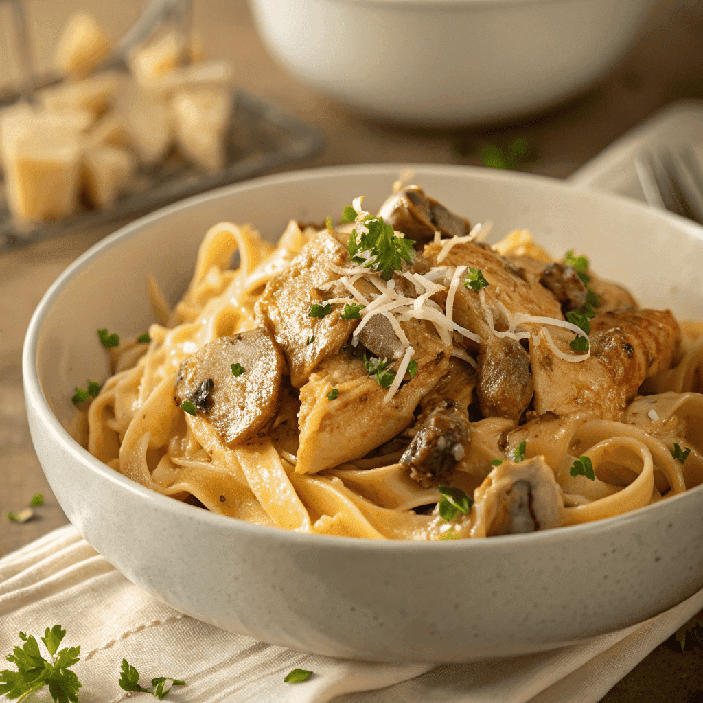 Whole bowl of chicken marsala pasta with creamy mushroom sauce.