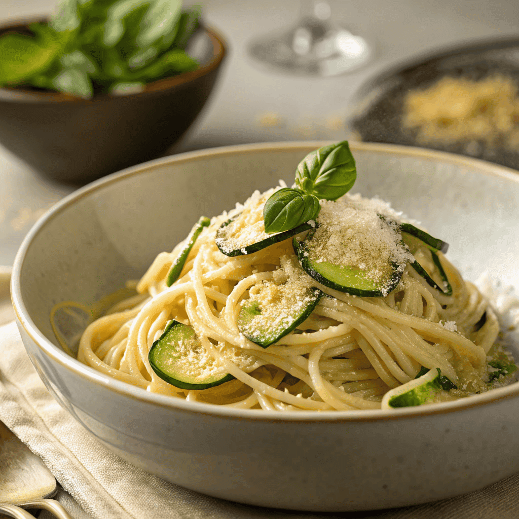 Whole bowl of spaghetti alla Nerano with zucchini and creamy cheese sauce.