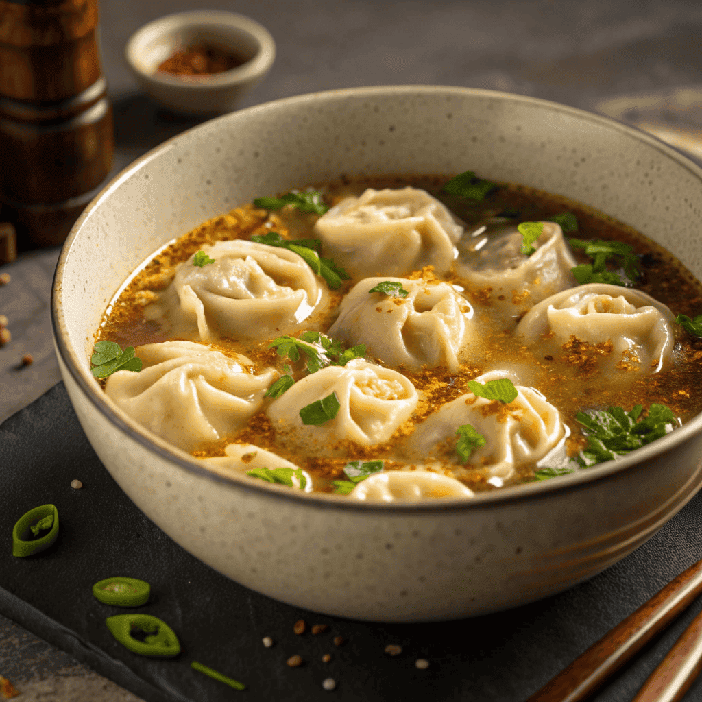 Whole bowl of Sherpa soup with dumplings in aromatic broth.