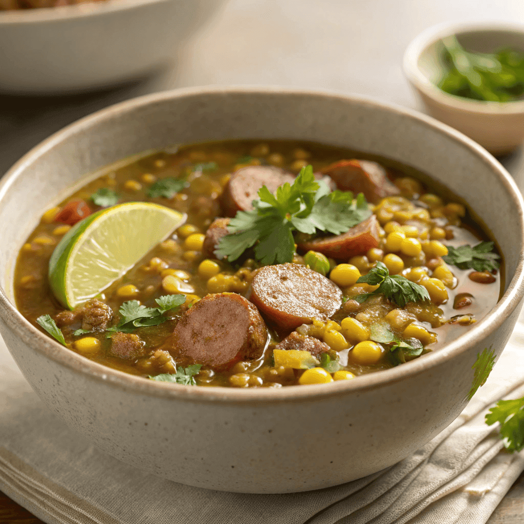 Macro close-up of get well soup showing lentils, Tofu, corn, and broth texture.