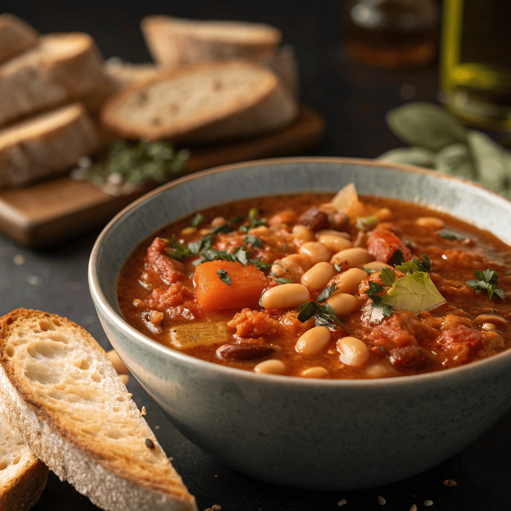 Whole bowl of fasolada Greek white bean soup with vegetables and bread.