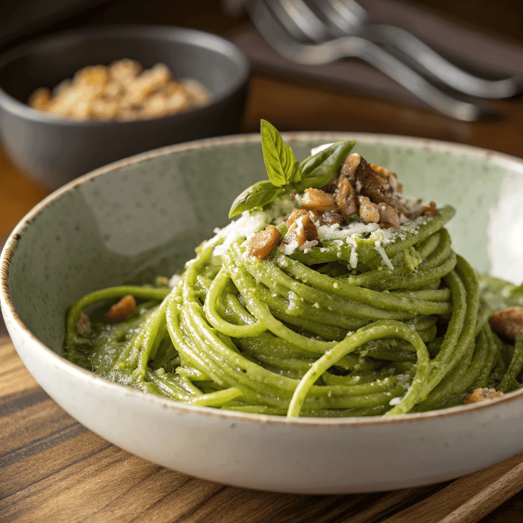 Full bowl of bucatini verde pasta with green sauce and basil garnish