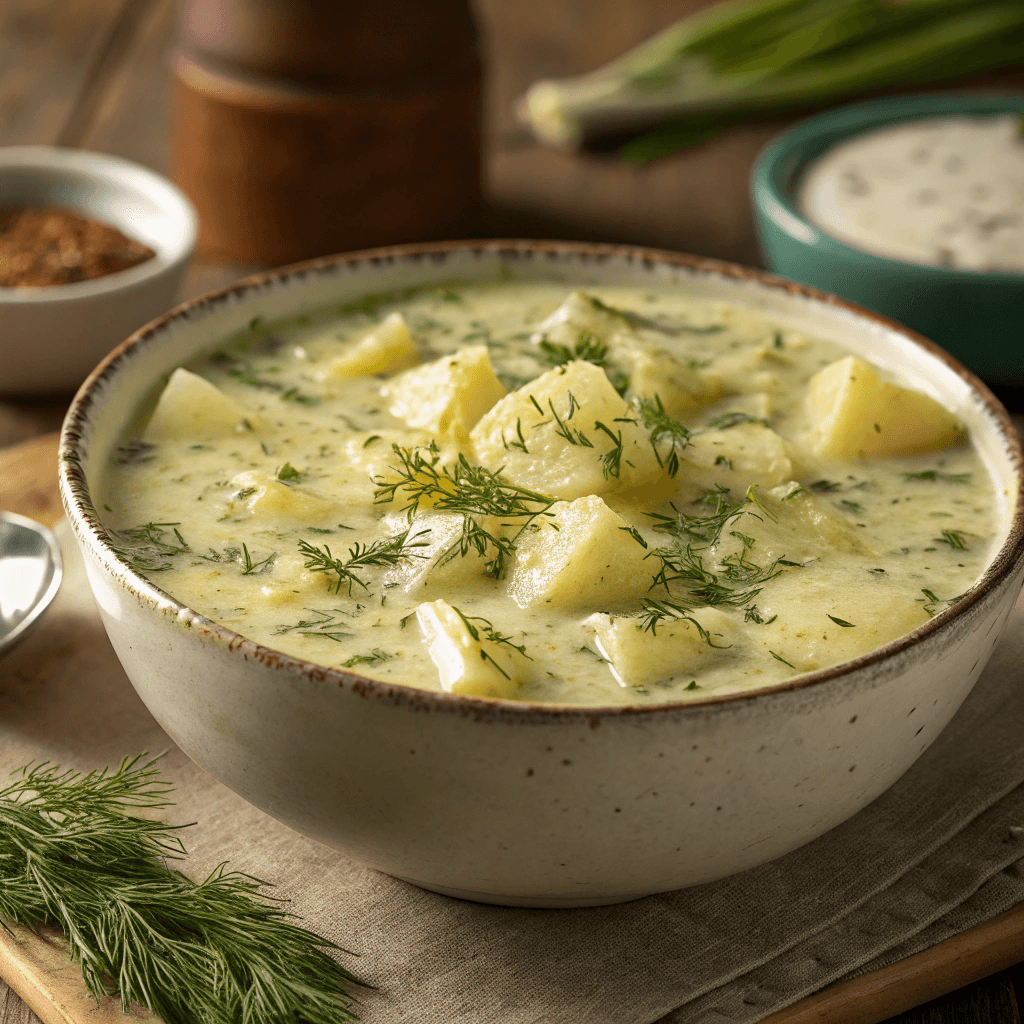 Full bowl of creamy chunky potato dill soup