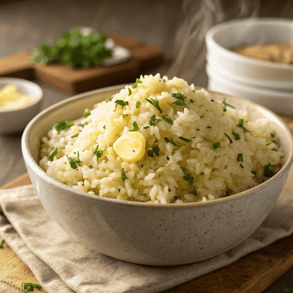 Garlic Butter Rice Recipe | Fluffy, Buttery, Easy Side Dish 2 Full bowl of fluffy garlic butter rice with parsley garnish