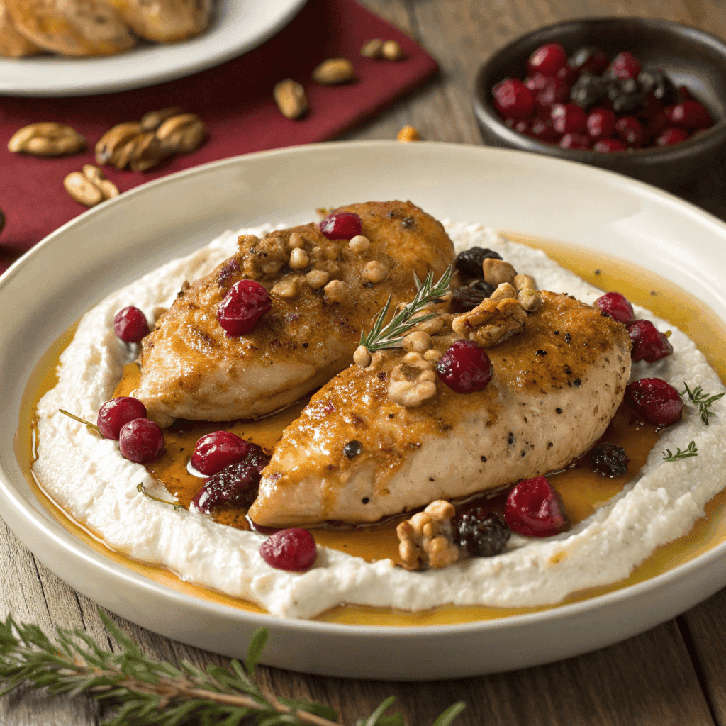 Full plate of honey cranberry chicken bake with ricotta cheese and walnuts