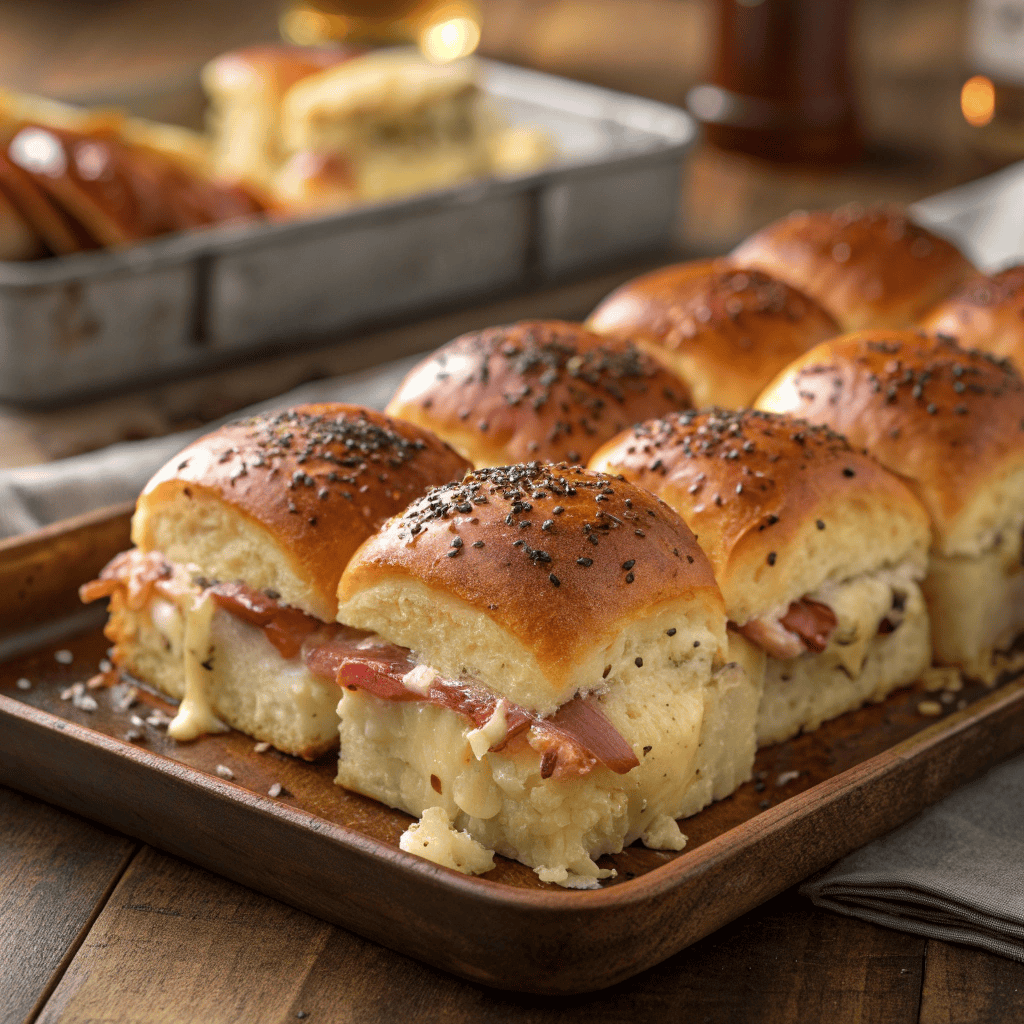 Full tray of Kentucky Hot Brown sliders with golden rolls and melted cheese