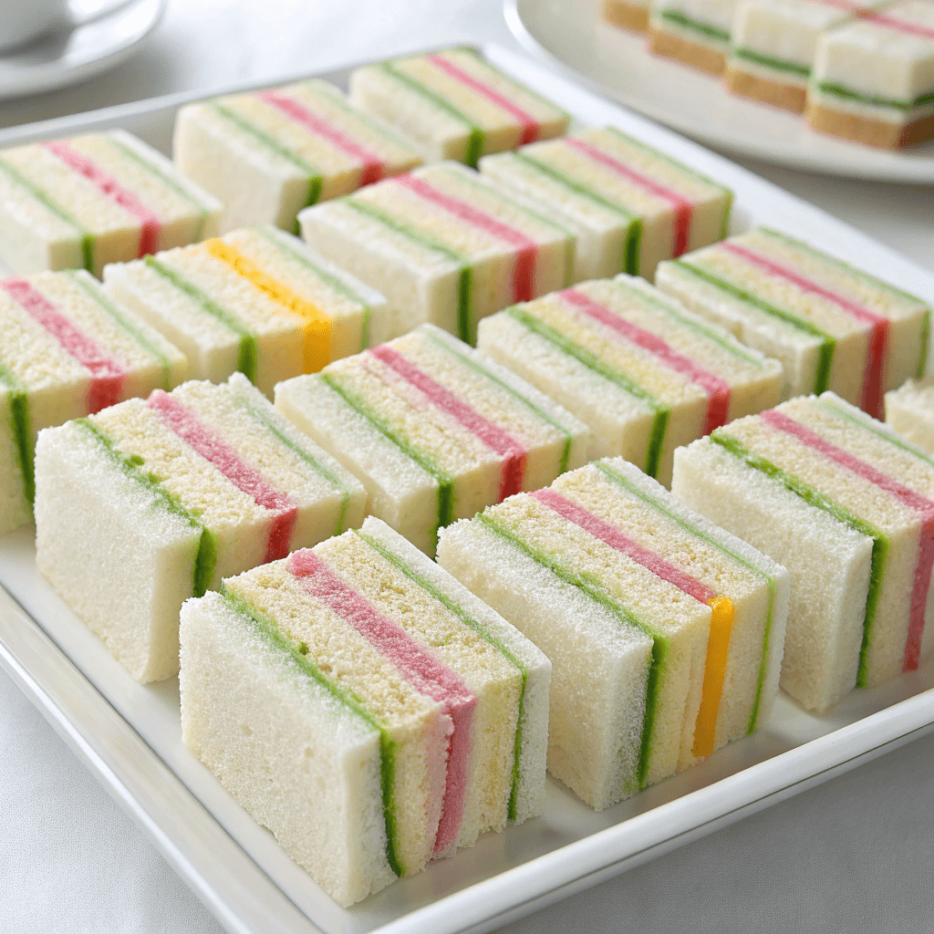 Full tray of ribbon sandwiches with colorful layered fillings