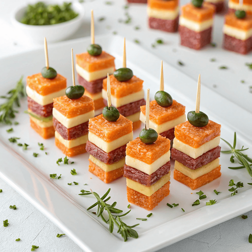 Full platter of salami bites with cheese and olives