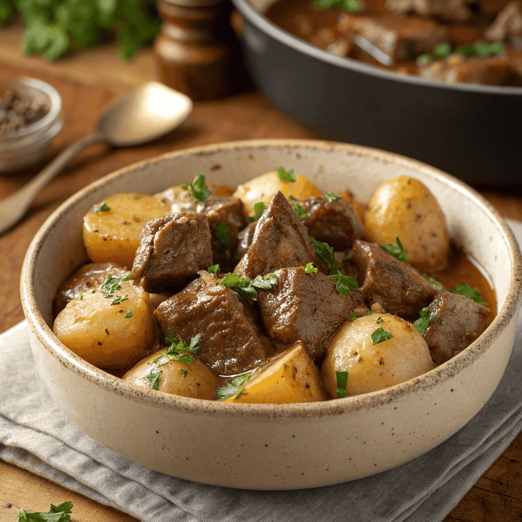 Full bowl of slow cooker garlic butter beef with whole potatoes