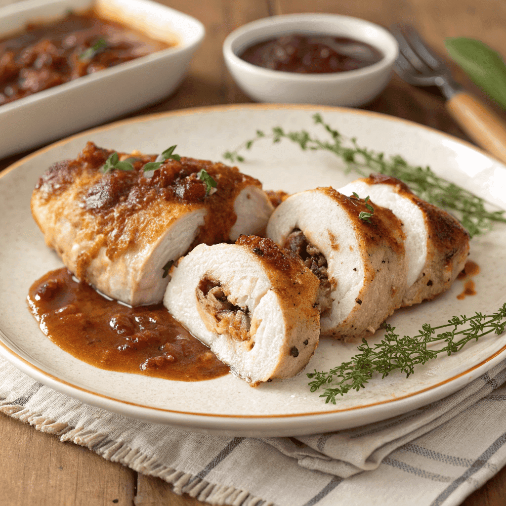 Full plate of slow cooker fig jam and goat cheese chicken with sauce and herbs